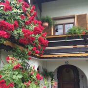 Eingang Wohnhaus mit Blumenschmuck